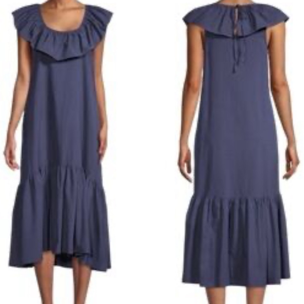 Stitch drop Elegant Navy Midi Dress with Ruffle Neckline and Pockets